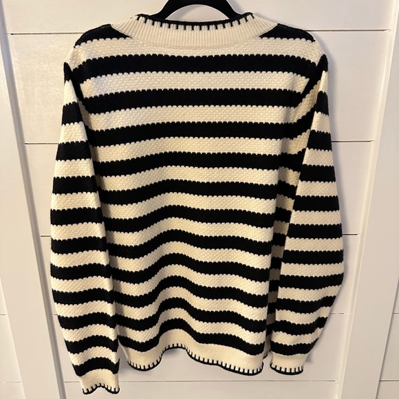 Black & White striped gold button down cable knit soft quiet luxury cardigan L - Picture 3 of 14